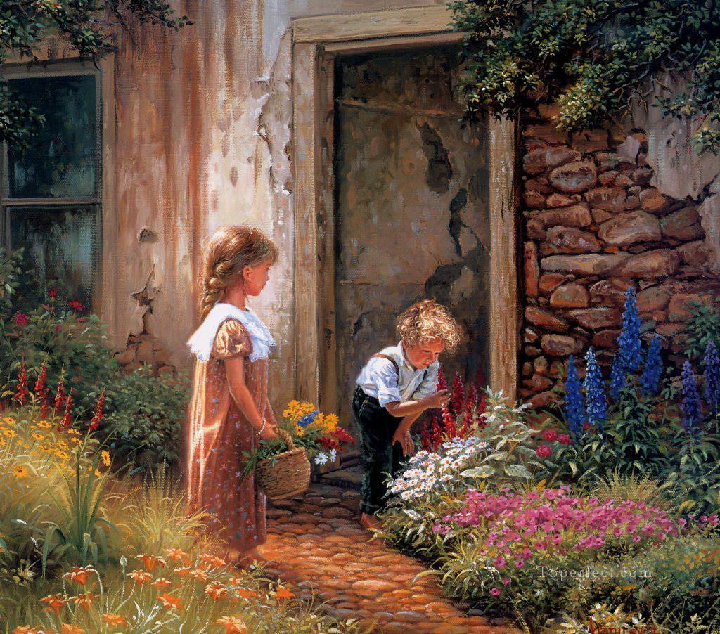 花を摘む子供たち油絵